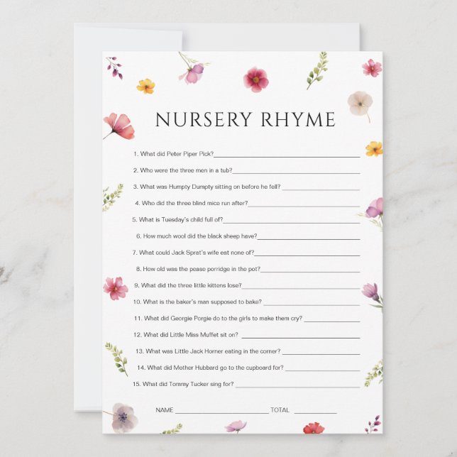 Baby in Bloom Shower Nursery Rhyme Game Card (Front)
