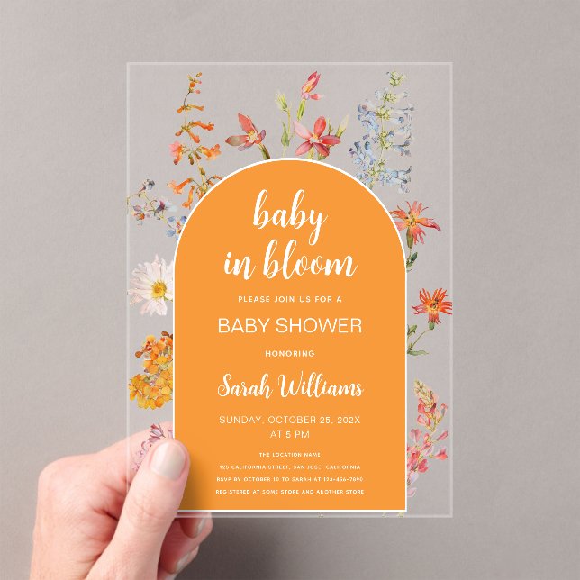 Baby in Bloom Shower Wildflowers Orange Arch Acrylic Invitations (Insitu (Handheld))