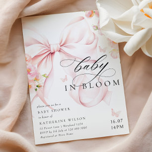 Baby In Bloom Soft Pink Bow Baby Shower Invitation