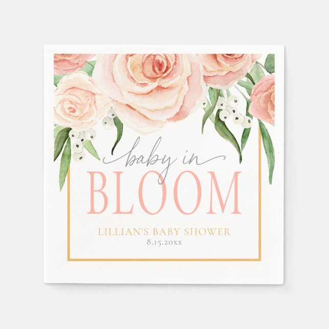 Baby In Bloom Soft Pink Rose Floral Baby Shower Napkin (Front)