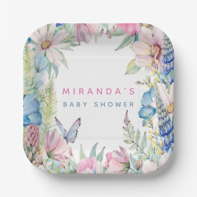 Baby In Bloom Soft Wildflowers Neutral Baby Shower Paper Plate (Front)