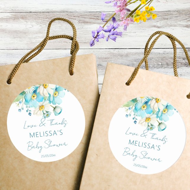 Baby in bloom spring summer baby shower favour classic round sticker (Baby in bloom spring summer baby shower thank you favor sticker blue buttercups daisies wildflowers)