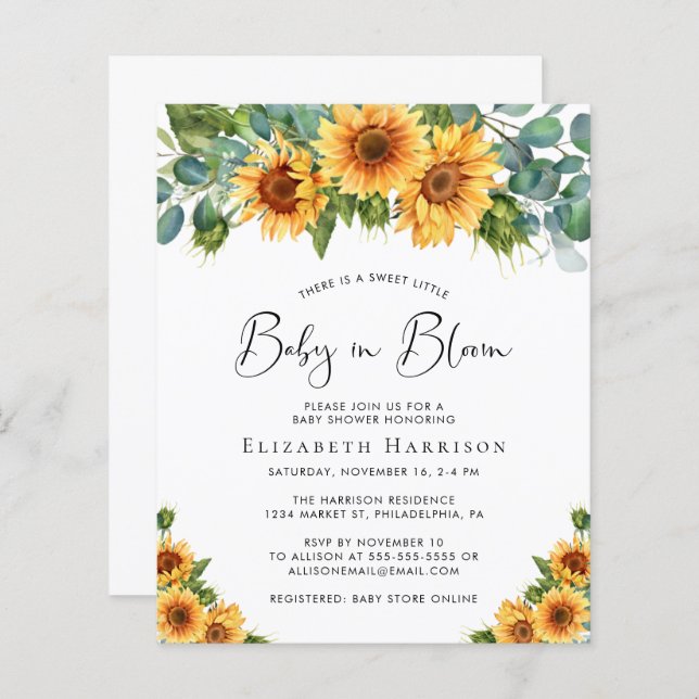 Baby in Bloom Sunflower Eucalyptus Shower Invite (Front/Back)