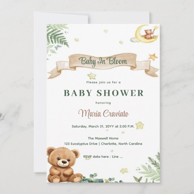 "Baby In Bloom" Teddy Bear Baby Shower Invitation (Front)