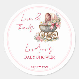 Baby in bloom vintage carriage baby shower favour classic round sticker