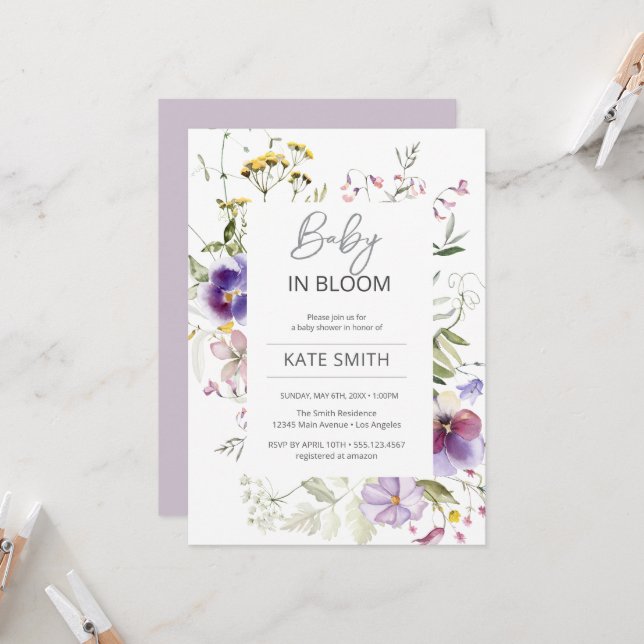 Baby in Bloom Violet Wildflowers Shower Invitation (Front/Back In Situ)