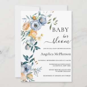 BABY IN BLOOM WATERCOLOR APRICOT BLUE WILDFLOWERS INVITATION