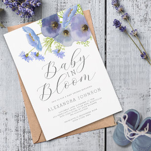 Baby In Bloom Watercolor Blue Floral  Invitation