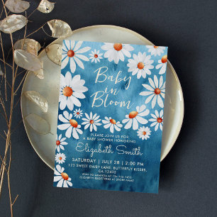 Baby in Bloom Watercolor Daisies Blue Invitation