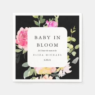 Baby in Bloom Watercolor Floral Baby Shower Black Napkin