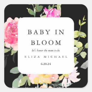 Baby in Bloom Watercolor Floral Baby Shower Black Square Sticker