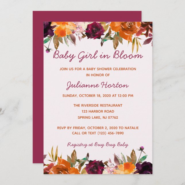 Baby In Bloom Watercolor Floral Baby Shower Invitation (Front/Back)