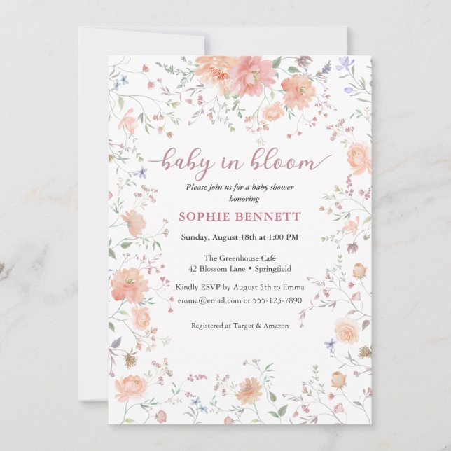 Baby in Bloom Watercolor  floral  Invitation (Front)