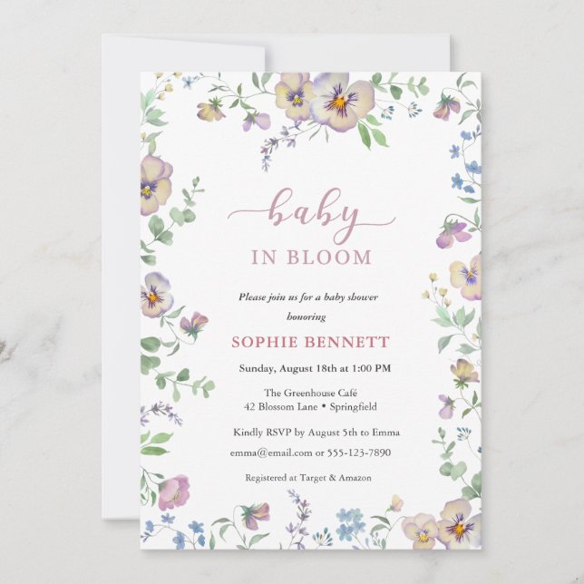 Baby in Bloom Watercolor  floral  Viola Invitation (Front)
