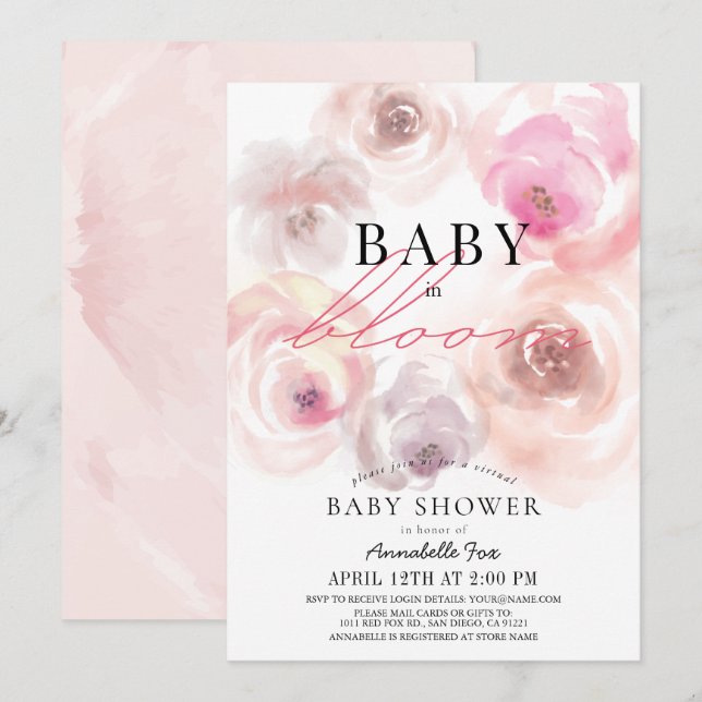 Baby in Bloom Watercolor Rose Virtual Baby Shower Invitation (Front/Back)