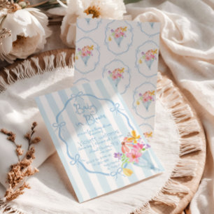 Baby in Bloom Whimsical Blue Bow Baby shower Invitation