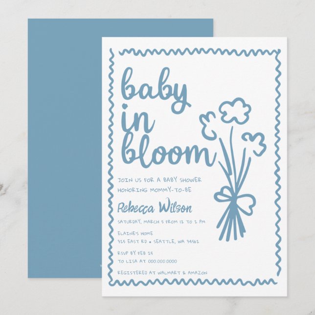 Baby in Bloom Whimsical Hand Drawn Boy Baby Shower Invitation (Front/Back)