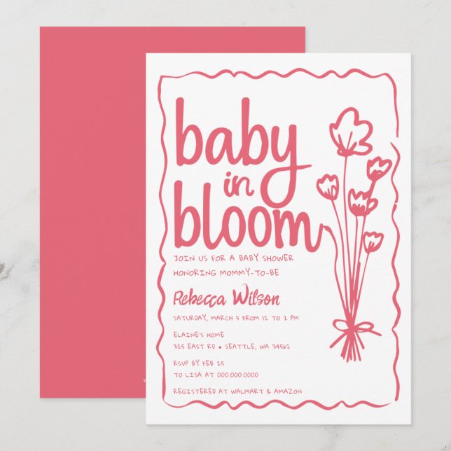 Baby in Bloom Whimsical HandDrawn Girl Baby Shower Invitation (Front/Back)