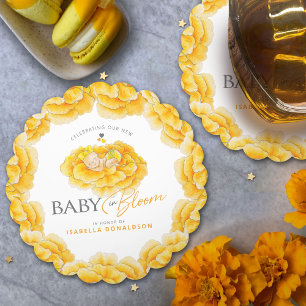 Baby in Bloom whimsy watercolor yellow baby shower Paper Coaster