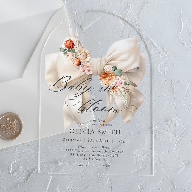 Baby in Bloom White Bow Floral Modern Baby Shower Acrylic Invitations (Creator Uploaded)