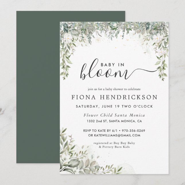 Baby in Bloom | White Floral Greenery Baby Shower (Front/Back)