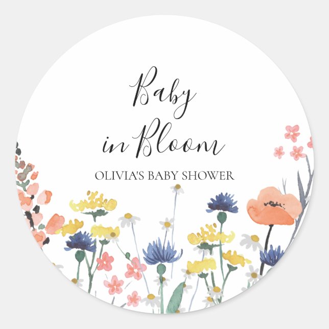Baby in Bloom Wildflower baby shower Classic Round Sticker (Front)
