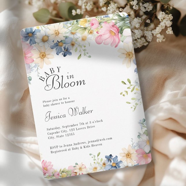 BABY IN BLOOM!  Wildflower, Baby Shower Invitation (BABY IN BLOOM! Wildflower, Watercolor, White + Pastel, Baby Shower Invitation.)