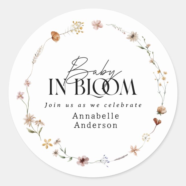 Baby in bloom wildflower baby shower invitation classic round sticker (Front)