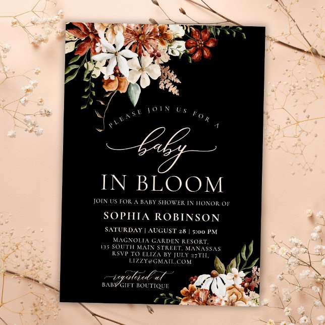 Baby in Bloom Wildflower Black Baby Shower  Invitation (Creator Uploaded)