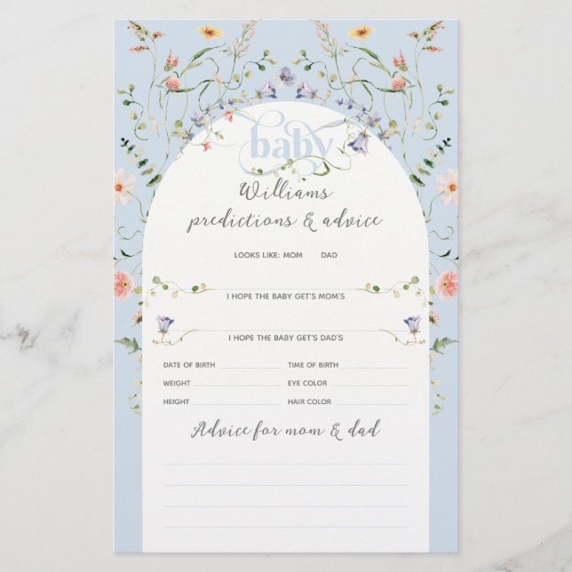 Baby in Bloom Wildflower Blue Boy Baby Shower Game (Front)