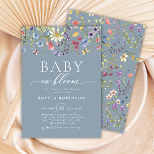 Baby in Bloom Wildflower Dusty Blue Baby Shower Invitation