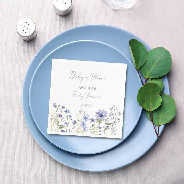 Baby in bloom Wildflower dusty blue baby shower Napkin (Baby in bloom delicate dusty blue Wildflower baby shower monogram printed Napkins personalized decor)