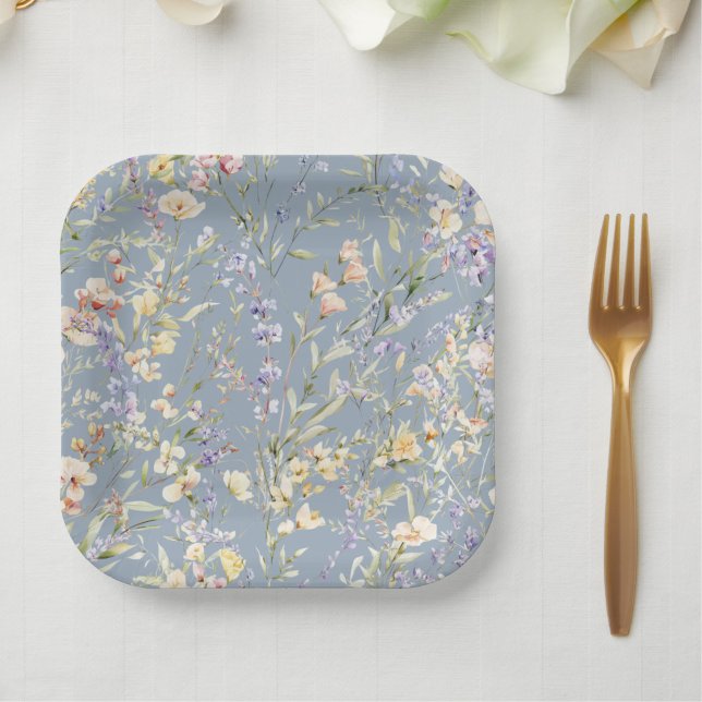 Baby in Bloom Wildflower Dusty Blue Baby Shower Paper Plate (Creator Uploaded)