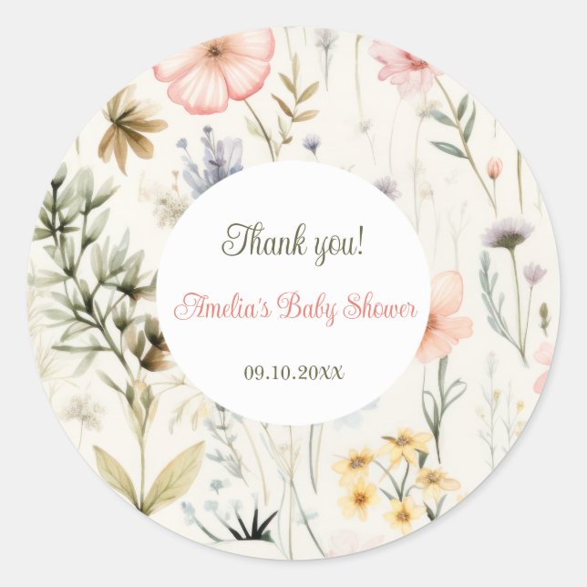 Baby in Bloom Wildflower Floral Baby Shower Favour Classic Round Sticker (Front)