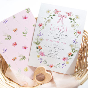 Baby in Bloom Wildflower pink Bow Baby Shower Invitation