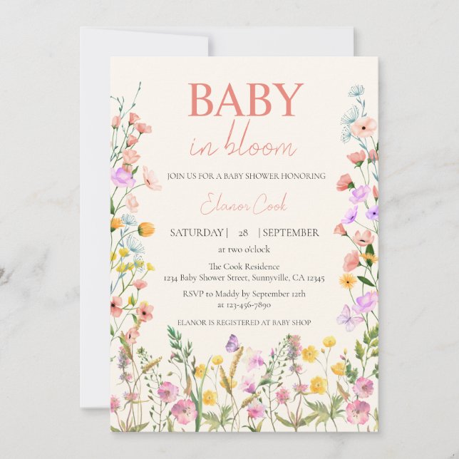 Baby in Bloom Wildflower Pink Girl QR Baby Shower Invitation (Front)