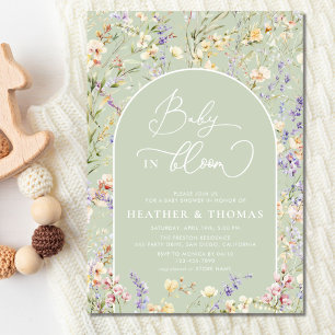 Baby In Bloom Wildflower QR Sage Green Baby Shower Invitation
