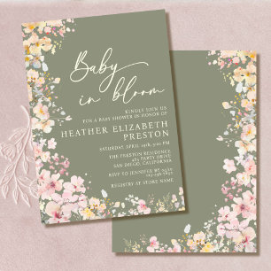 Baby In Bloom Wildflower Sage Green Baby Shower Invitation