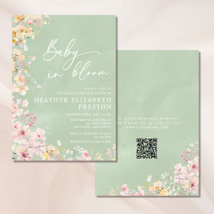 Baby In Bloom Wildflower Sage Green QR Baby Shower Invitation