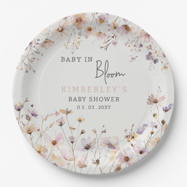 Baby in Bloom Wildflowers Baby Girl Baby Shower Paper Plate (Front)