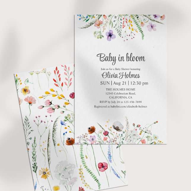 Baby in Bloom Wildflowers Baby Shower Invitation (Baby in Bloom Wildflowers Baby Shower Invitation on a white table.)