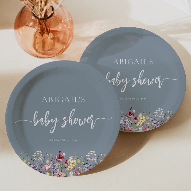 Baby in Bloom Wildflowers Dusty Blue Baby Shower Paper Plate (Creator Uploaded)