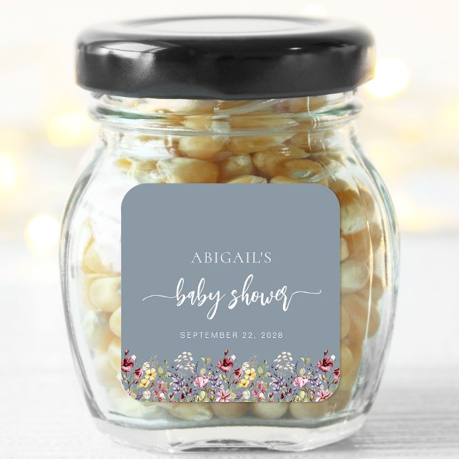Baby in Bloom Wildflowers Dusty Blue Baby Shower Square Sticker (Creator Uploaded)