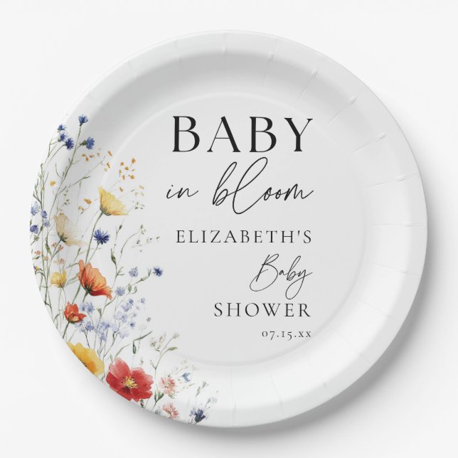 Baby In Bloom Wildflowers Floral Baby Shower Paper Plate (Front)