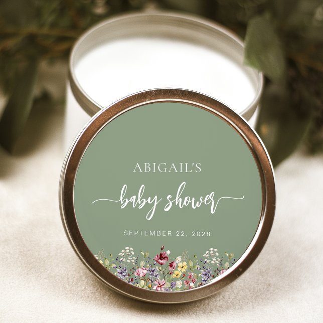 Baby in Bloom Wildflowers Sage Green Baby Shower Classic Round Sticker (Creator Uploaded)