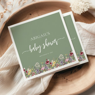 Baby in Bloom Wildflowers Sage Green Baby Shower Napkin