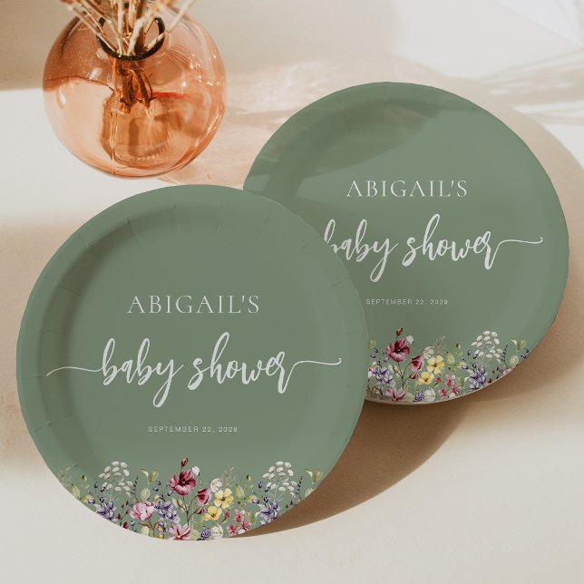 Baby in Bloom Wildflowers Sage Green Baby Shower Paper Plate (Creator Uploaded)