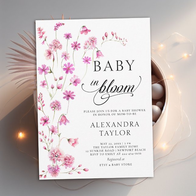 Baby in Bloom Wildflowers Script Baby Girl Shower Invitation (baby in bloom wildflowers baby shower invitation pink watercolor cottage garden cute sweet boho chic)