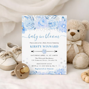 Baby in Bloom Winter Blue Floral Baby Shower Invitation