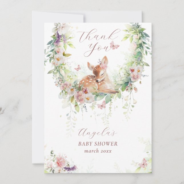 Baby in Bloom Woodland Floral Baby Girl Shower Thank You Card (Front)